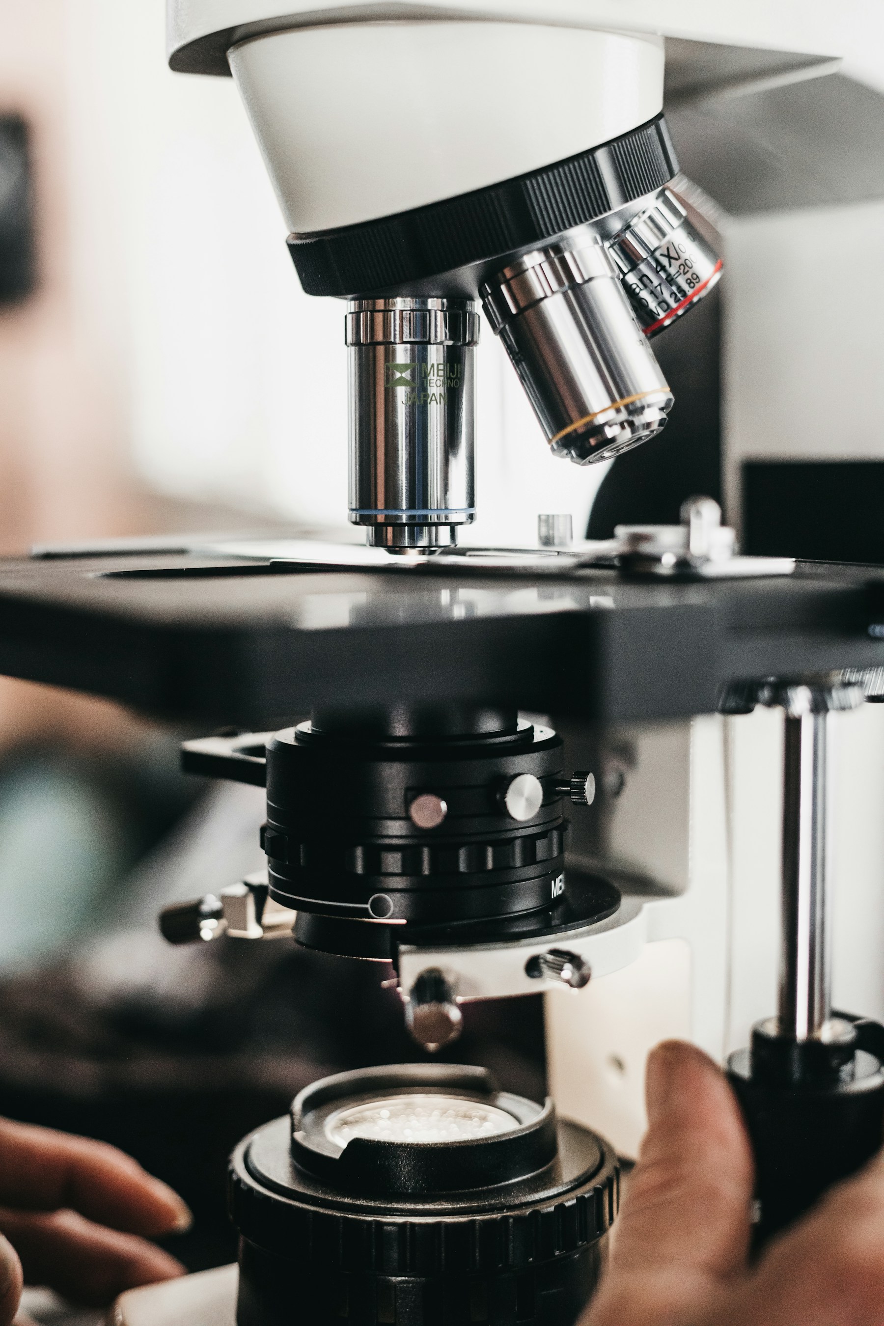 Close-up of a laboratory microscope